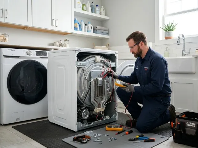 Appliance Repair Hero technician checking a dryer heating element with the rear panel off in Burlison, TN