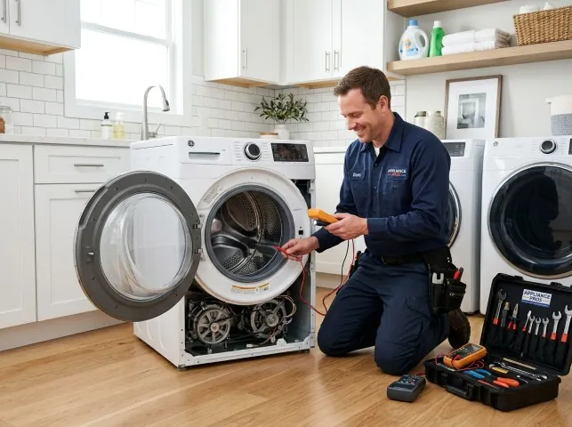 Appliance Repair Hero technician testing a front-load washer with a multimeter on a Burlison, TN service call